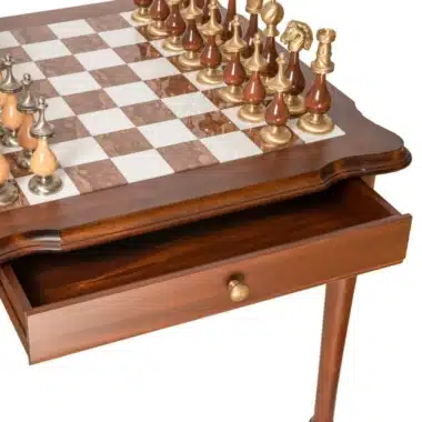 Ensemble Giant Oriental Haut de Gamme II Table en Bois, Albâtre de Toscane et Marbre de Carrare & Jeu d'Echecs en Bois et Laiton Massif – Image 4
