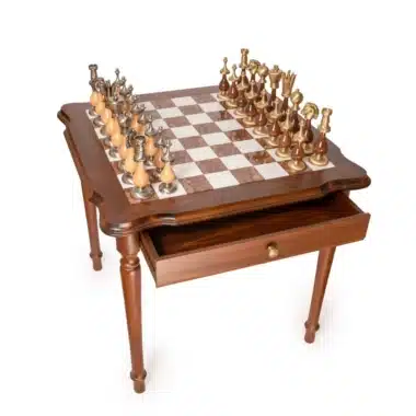 Ensemble Giant Oriental Haut de Gamme II Table en Bois, Albâtre de Toscane et Marbre de Carrare & Jeu d'Echecs en Bois et Laiton Massif – Image 3