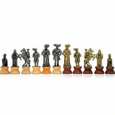 Ensemble "Lanzichenecchi" Echiquier en Bois de Noyer et d'Erable & Jeu d'Echecs en Métal et Bois Massif
