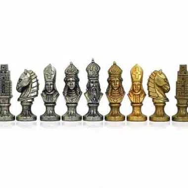 Ensemble "Moncada" Echiquier en Bois Massif, Plateau en Albâtre de Toscane & Jeu d'Echecs en Métal