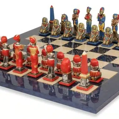 Ensemble Egypte III Echiquier en Bois d'Erable & Jeu d'Echecs en Métal Massif Peint à la Man