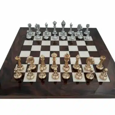 Ensemble Classic Flower 6 Echiquier en Ronce de Noyer et Jeu d'Echecs en Métal Plaqué Or et Argent