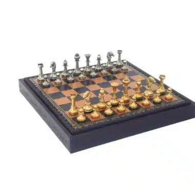 Ensemble Mignon II Echiquier en Similicuir avec Compartiment de Rangement & Jeu d'Echecs en Laiton Massif