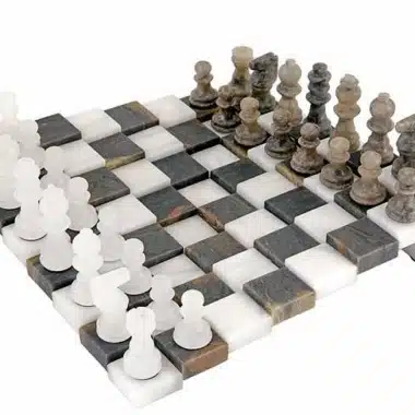 Ensemble complet échiquier 3D en marbre gris et blanc avec toutes les pièces