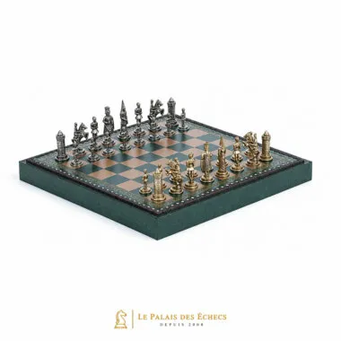 Ensemble Camelot Roi Arthur sur échiquier vert et or, coffret fermé