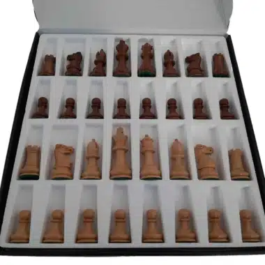 Coffret de rangement ouvert du jeu d'échecs Staunton Printemps avec toutes les pièces