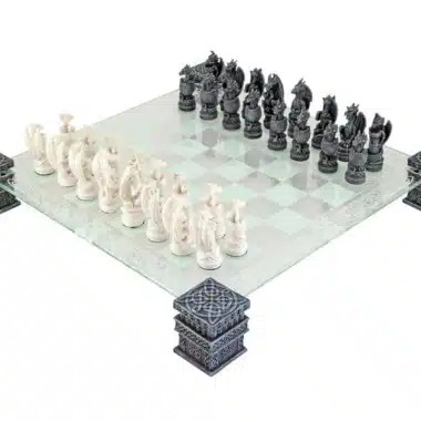 Ensemble Dragons II Echiquier en Verre et Jeu d'Echecs en Résine Peint