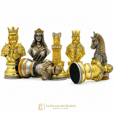 Pièces à bustes médiévaux, roi, dame, tour et cavalier plaqués or et argent