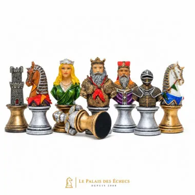 Pièces d'échecs résine peintes à la main représentant rois, reines, cavaliers et tour