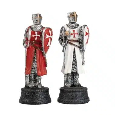 Fous Templiers en résine, chevaliers debout avec bouclier rouge et blanc