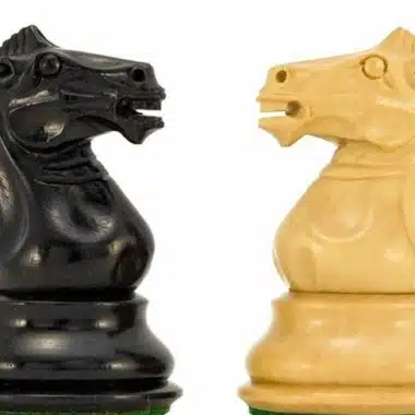 Cavaliers « Souverain II » en bois d'ébène et buis, détail des têtes sculptées