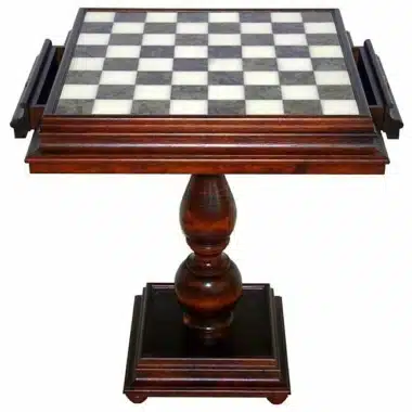 Table "Luxe" Echiquier et Tiroir de Rangement en Bois d'Hêtre et Plateau de Jeu en Marbre de Carrare et Albâtre de Toscane