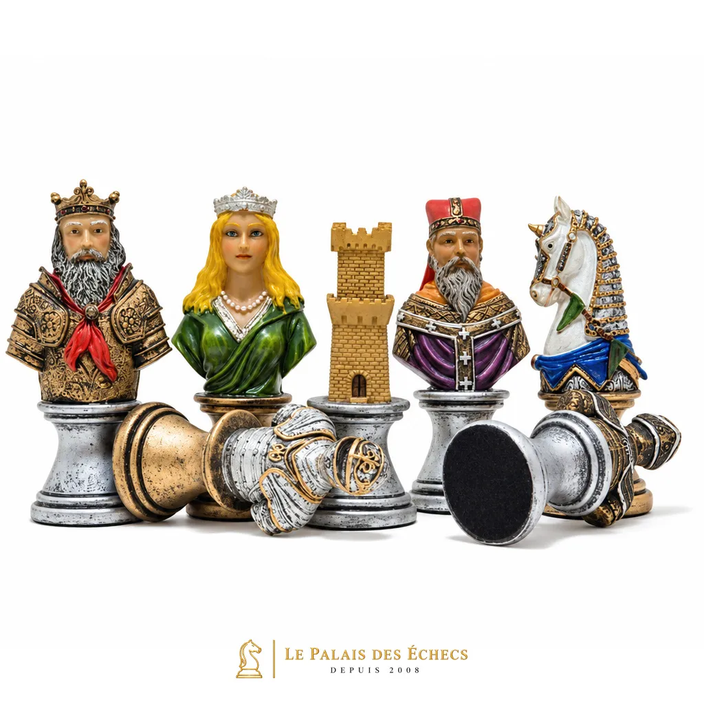 Pièces d'échecs Buste Médiéval V, roi, dame, tour et cavalier côte à côte