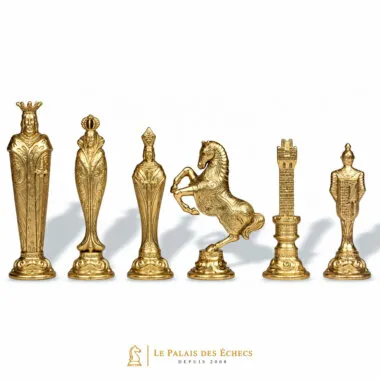 Série complète des figurines dorées médiévales : roi, dame, cavalier et tour