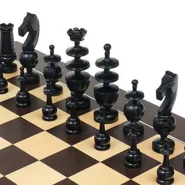 Pièces noires ébonisées alignées sur l'échiquier, vue détaillée des cavaliers et de la dame