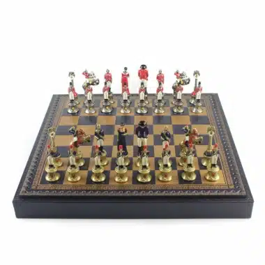 Ensemble Napoléon III Echiquier  en Similicuir & Jeu d'Echecs en Métal Massif Peint à la Main