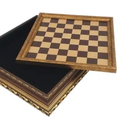 Jeu d'Echecs Staunton en Bois et Metal et Echiquier avec Rangement en Bois et Feuilles d'Or – Image 10