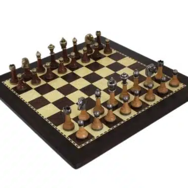 Jeu d'Echecs en Bois et Metal Staunton et Echiquier en Bois Foncé