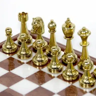 Jeu d'Échecs Staunton - Échiquier en Bois et Albâtre avec rangement intégré & Pièces en métal