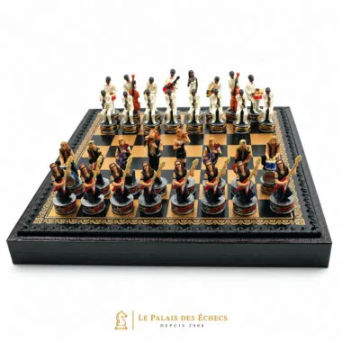 Jeu d'échecs Jazz vs Rock complet avec échiquier en similicuir à rangement