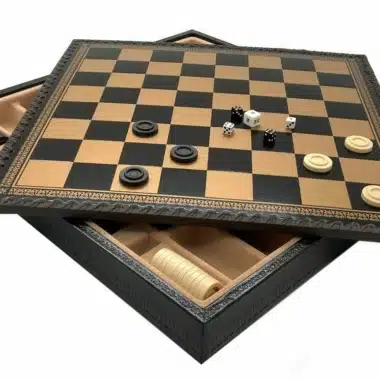 Jeu d'Échecs Contemporain - Échiquier et Backgammon à Rangement en Similicuir  & Pièces en Laiton – Image 13