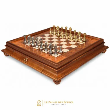 Jeu d'échecs Staunton complet sur échiquier en bois de bruyère avec tiroir de rangement