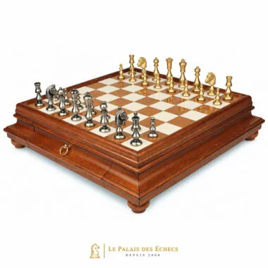 Jeu d'échecs Oriental complet sur échiquier en bois et albâtre avec tiroir