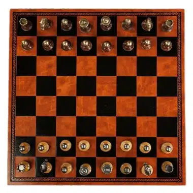 Jeu d'Echecs Staunton Metal et Bois et Échiquier en Similicuir Marron – Image 4