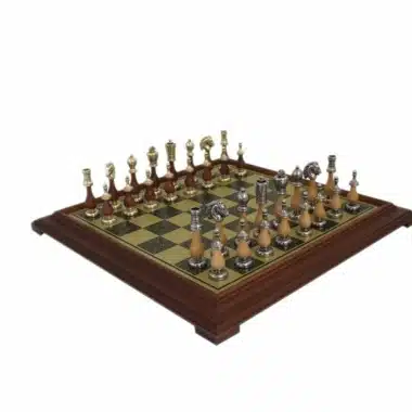 Jeu d'Echecs Arabesque - Échiquier effet Laiton avec Cadre en Bois & Jeu d'Échecs en Métal et Bois