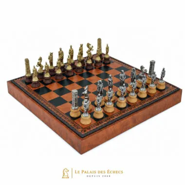Jeu d'échecs Romains vs Barbares sur échiquier en similicuir marron et noir