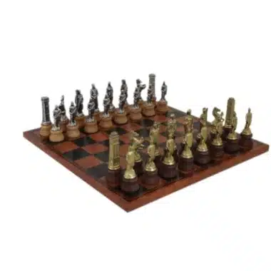 Jeu d'échecs Romains vs Barbare sur échiquier en similicuir marron et noir