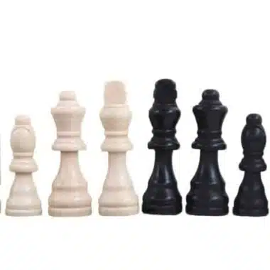 Pièces d'échecs en bois noir et blanc alignées, détail du roi, de la dame et du fou