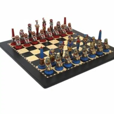 Jeu d'Echecs Égypte en Métal Peint à la Main et Échiquier en Bois