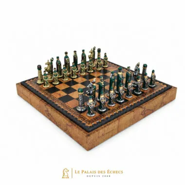 Jeu d'échecs médiéval complet sur échiquier en similicuir avec rangement