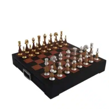 Jeu d'Echecs en Bois et Métal Plaqué Or et Argent & Echiquier en Cuir avec Tiroir de Rangement