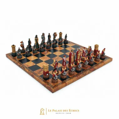 Jeu d'échecs Camelot complet sur échiquier similicuir vu de biais