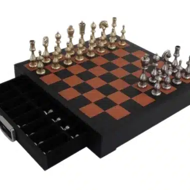 Grand Jeu d'Echecs en Métal &  Échiquier en Cuir Véritable avec Tiroir de Rangement
