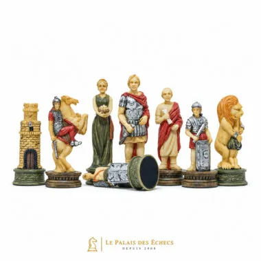 Pièces d'échecs Romains vs Gladiateurs : tour, cavalier, reine, roi, fou et lion