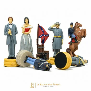 Pièces d'échecs détaillées : civils, drapeau confédéré, général et cavalier à cheval