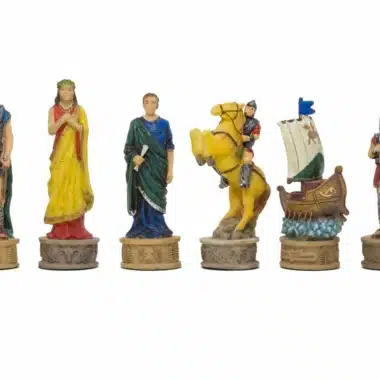 Jeu d'Echecs en Résine Mythologie Grecque : La Bataille de Troie et Échiquier en Similicuir Doré et Bleu – Image 4