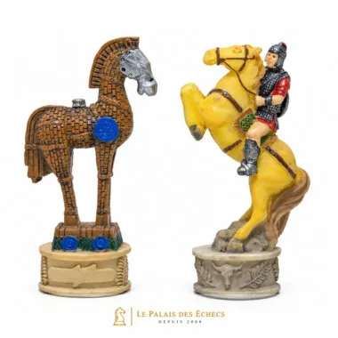 Cheval de Troie en résine et cavalier jaune au galop, détail des pièces