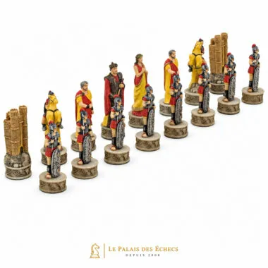 Pièces d'échecs peintes en résine, armée rouge et jaune façon Troie