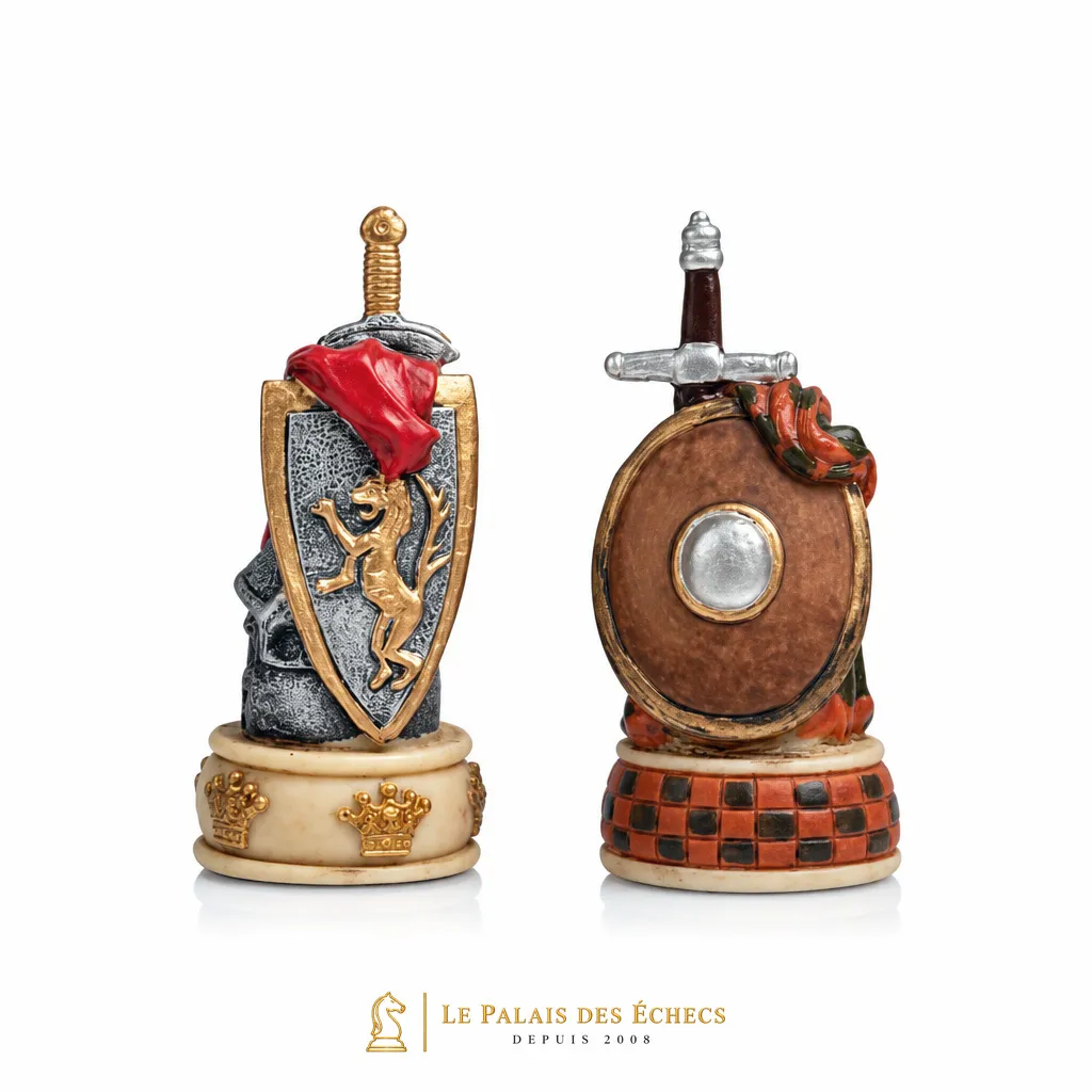Pions en forme d'épée et bouclier, détail des pièces du jeu d'échecs écossais