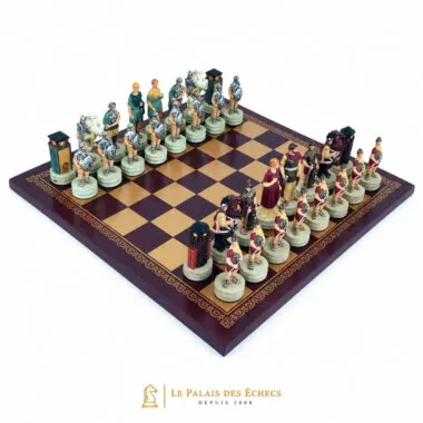 Jeu d'échecs Conquête de la Grèce par Rome installé sur échiquier similicuir bordeaux et doré