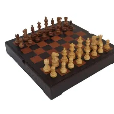 Jeu d'Echecs en Bois d'Acacia et Echiquier en Cuir Véritable avec Rangement