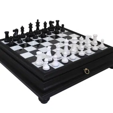 Jeu d'Echec Noir et Blanc en Bois et Echiquier Noir sur Pied avec Tiroir