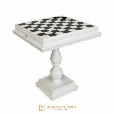 Table d'Echecs en Bois Laqué Blanc Tilia avec Plateau en Marbre de Carrare et Double Tiroir de Rangement