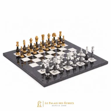 Jeu d'Échecs Luxe en Laiton Massif plaqué Or et Argent et Bois Laqué avec Échiquier en Érable de Bruyère - Roi 10 cm