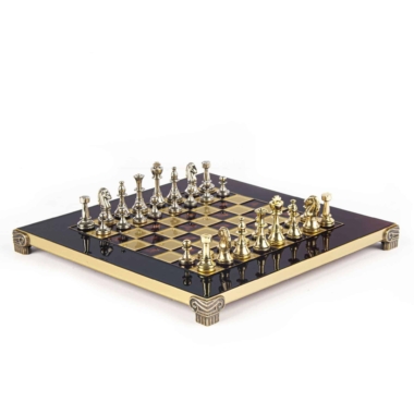 Petit Ensemble de jeu d'Echecs Staunton en Métal Argenté et Doré avec Echiquier sur Pied en Métal et Coffret de Rangement – Image 9