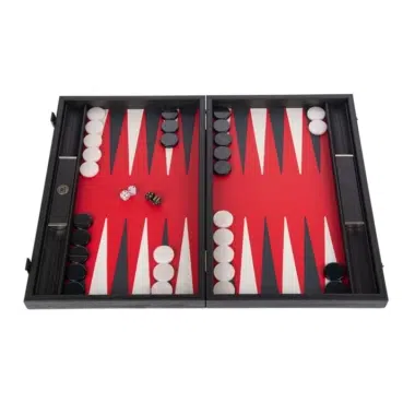 Backgammon Luxe en cuir effet crocodile rouge, plateau ouvert avec pions et dés